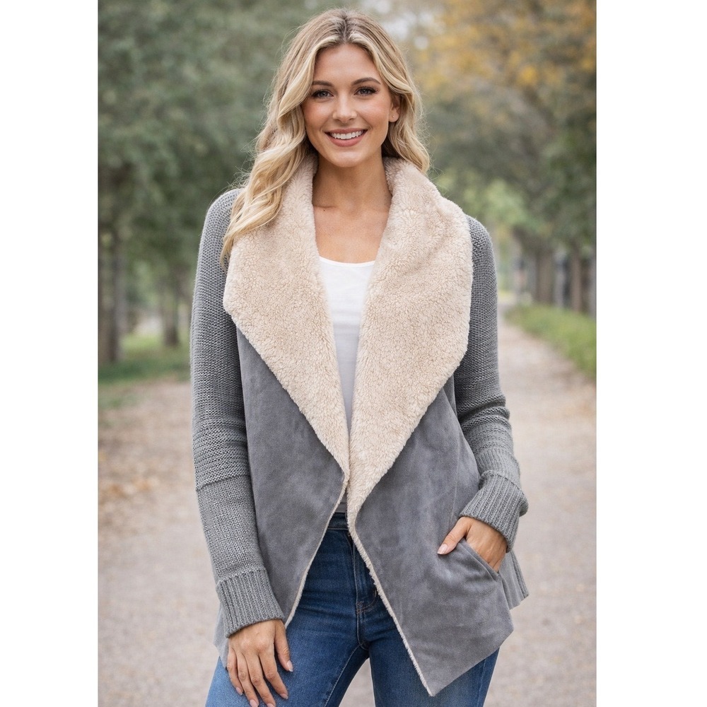 Cavalini Originals Womens Grey Knit Faux Sherpa Lined Drape Cardigan S Authentic